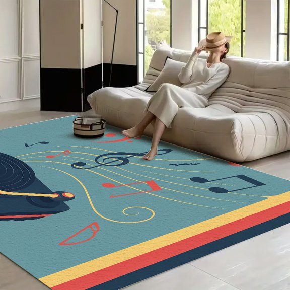RKSupls Turntable Vinyl Music Notes Retro Style  Soft Fluffy Velvet Area Rug   for Living Room Bedroom, Non-Slip Washable Carpet, Modern Minimalist Home Decor Floor Mat