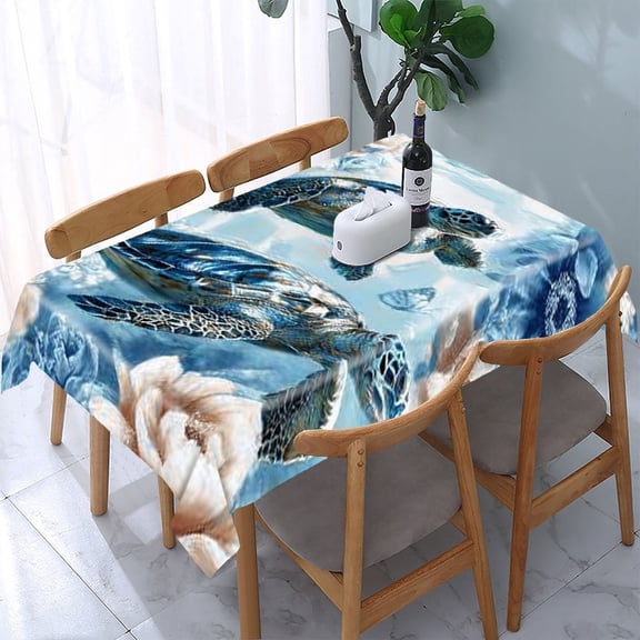 RKSupls Turtles Blue Flowers Rectangle Dining Tablecloth, Washable Wipeable Stain & Wrinkle Resistant Polyester Tablecloth for Kitchen Picnic Party
