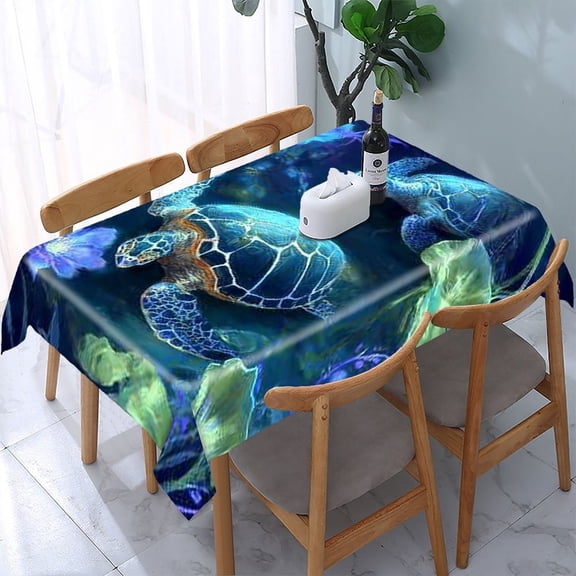 RKSupls Turtles Flowers Blue Rectangle Dining Tablecloth, Washable Wipeable Stain & Wrinkle Resistant Polyester Tablecloth for Kitchen Picnic Party