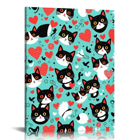 RKSupls Tuxedo Cat Heart Pattern Canvas Wall Art, Canvas Prints Wall Art for Living Room Bedroom Entryway Office, Art Print Painting for Home Dec