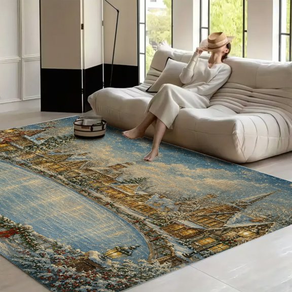 RKSupls Twilight Winter Snowy Village Ice Rink Soft Fluffy Velvet Area Rug for Living Room Bedroom, Non-Slip Washable Carpet, Modern Minimalist Home Decor Floor Mat