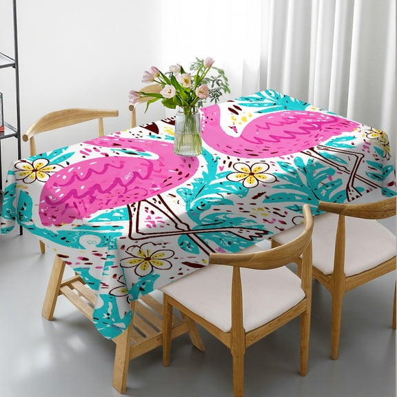 RKSupls  Twin Flamingos With Plumeria Print Rectangle Dining Tablecloth, Machine-Made Holiday Party Tablecloth, Twin Flamingos With Plumeria