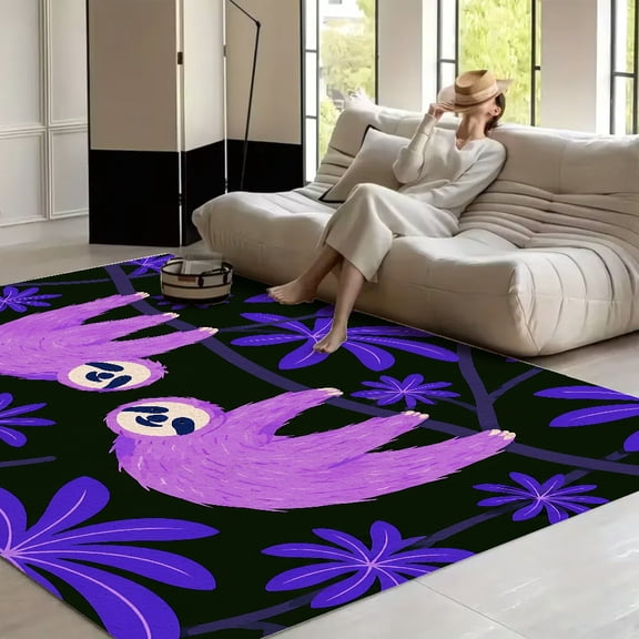 RKSupls Two Purple Sloths Hanging Branch  Soft Fluffy Velvet Area Rug   for Living Room Bedroom, Non-Slip Washable Carpet, Modern Minimalist Home Decor Floor Mat
