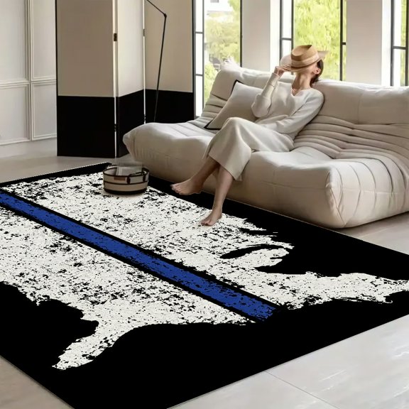 RKSupls USA Map Blue Line Distressed Soft Fluffy Velvet Area Rug for Living Room Bedroom, Non-Slip Washable Carpet, Modern Minimalist Home Decor Floor Mat