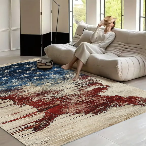 RKSupls USA Map Drip Paint Stars Stripes Canvas Soft Fluffy Velvet Area Rug for Living Room Bedroom, Non-Slip Washable Carpet, Modern Minimalist Home Decor Floor Mat
