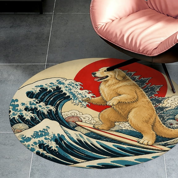 RKSupls Ukiyo Golden Retriever Surfing Waves Round Flannel Floor Mat, Soft Non-Slip Washable Rug suitable for Living Room Bedroom Study, Decorative Floor Rug