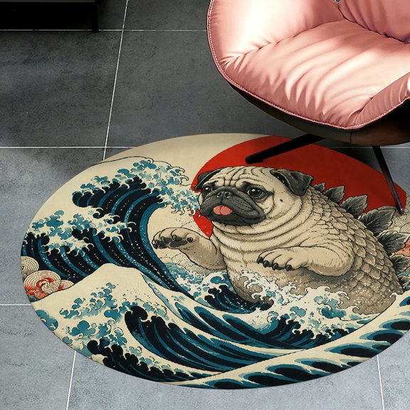 RKSupls Ukiyo Pug Kaiju Ocean Waves Round Flannel Floor Mat, Soft Non-Slip Washable Rug suitable for Living Room Bedroom Study, Decorative Floor Rug
