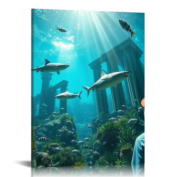 RKSupls Underwater Ruins Shark Scene Canvas Wall Art, Canvas Prints Wall Art for Living Room Bedroom Entryway Office, Art Print Painting for Home Decor