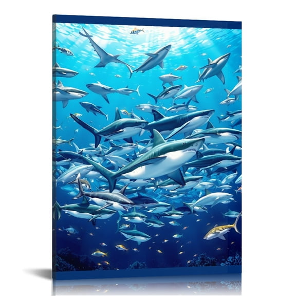 RKSupls Underwater Shark School Canvas Wall Art, Canvas Prints Wall Art for Living Room Bedroom Entryway Office, Art Print Painting for Home Decor