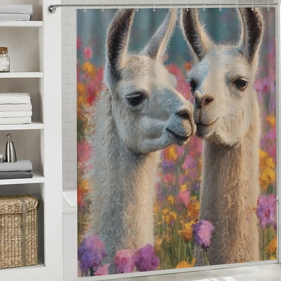 RKSupls Valentine's Day Shower Curtain, Romantic Llama Shower Curtain with Hooks for Home Bathtub Bathroom Decor Washable Curtains, 72x72 in
