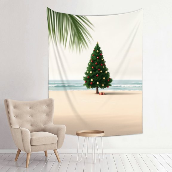 RKSupls Vertical Tapestry Wall Hanging, Beach Christmas Tree Coastal Holiday Aesthetic Tapestry Wall Decor for Bedroom, Dorm, Living Room, Apartment, College Dorm Home Decor