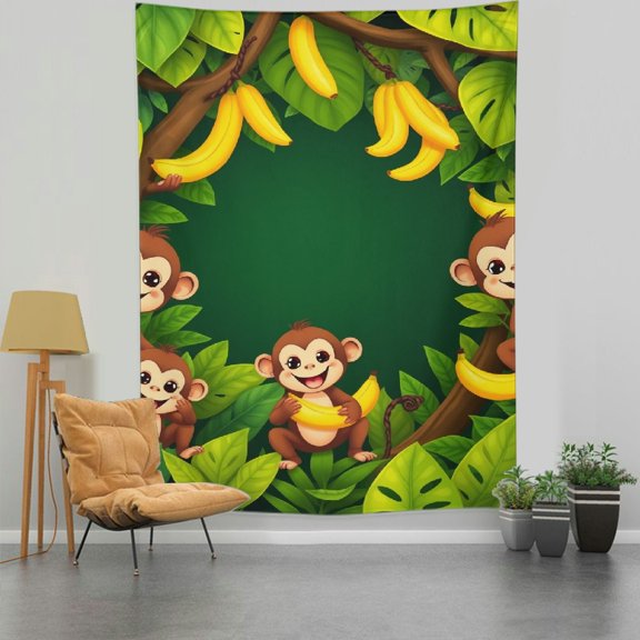 RKSupls Vertical Tapestry Wall Hanging, Cartoon Monkey Banana Jungle Frame Tapestry Wall Decor for Bedroom, Dorm Room, Living Room, Apartment, College Dorm Home Decor