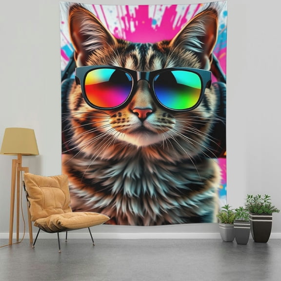 RKSupls Vertical Tapestry Wall Hanging, Cool Cat Headphone Sunglass Tapestry Wall Decor for Bedroom, Dorm Room, Living Room, Apartment, College Dorm Home Decor
