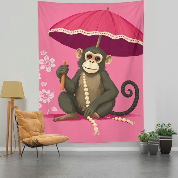 RKSupls Vertical Tapestry Wall Hanging, Cute Monkey Red Umbrella Tapestry Wall Decor for Bedroom, Dorm Room, Living Room, Apartment, College Dorm Home Decor