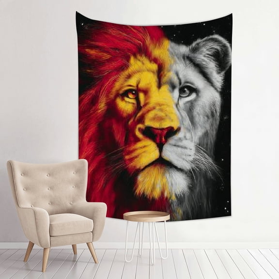 RKSupls Vertical Tapestry Wall Hanging, Dramatic Split Red Gray Lion Tapestry Wall Decor for Bedroom, Dorm Room, Living Room, Apartment, College Dorm Home Decor