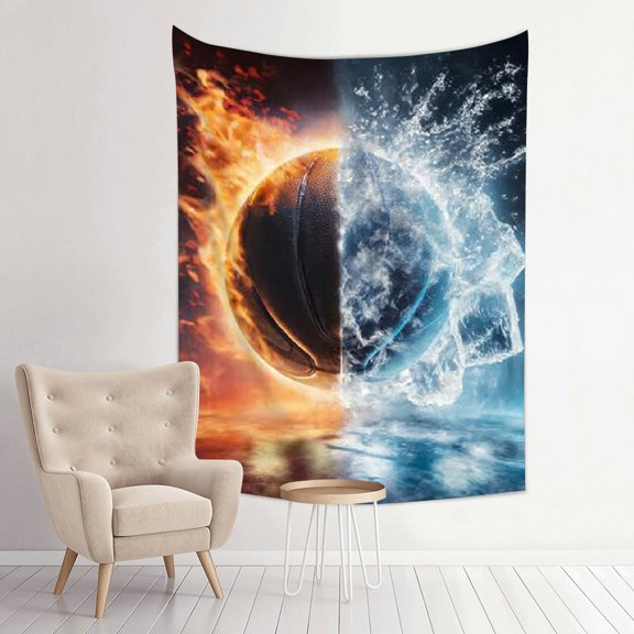 RKSupls Vertical Tapestry Wall Hanging, Dynamic Fire Ice Contrast Basketball Tapestry Wall Decor for Bedroom, Dorm Room, Living Room, Apartment, College Dorm Home Decor
