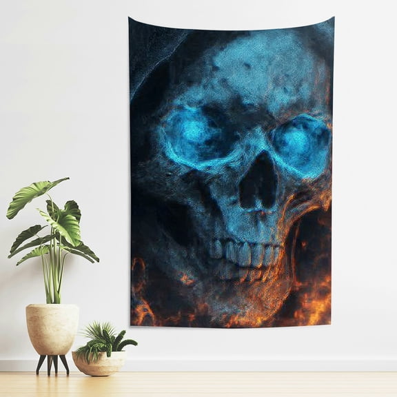 RKSupls Vertical Tapestry Wall Hanging, Fiery Ice Skull Dark Fantasy Tapestry Wall Decor for Bedroom, Dorm Room, Living Room, Apartment, College Dorm Home Decor