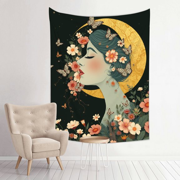 RKSupls Vertical Tapestry Wall Hanging, Floral Butterfly Moon Goddess Tapestry Wall Decor for Bedroom, Dorm Room, Living Room, Apartment, College Dorm Home Decor