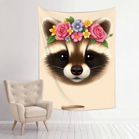 RKSupls Vertical Tapestry Wall Hanging, Floral Crown Raccoon Whimsical Cottagecore Aesthetic Tapestry Wall Decor for Bedroom, Dorm, Living Room, Apartment, College Dorm Home Decor