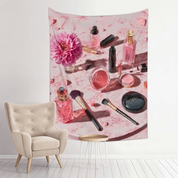 RKSupls Vertical Tapestry Wall Hanging, Glam Floral Pink Makeup Cosmetic Tapestry Wall Decor for Bedroom, Dorm Room, Living Room, Apartment, College Dorm Home Decor