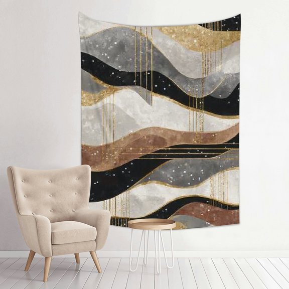 RKSupls Vertical Tapestry Wall Hanging, Luxury Modern Neutral Gold Gray Abstract Wave Tapestry Wall Decor for Bedroom, Dorm Room, Living Room, Apartment, College Dorm Home Decor