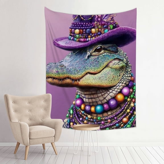 RKSupls Vertical Tapestry Wall Hanging, Mardi Gras Alligator Beaded Hat Tapestry Wall Decor for Bedroom, Dorm Room, Living Room, Apartment, College Dorm Home Decor