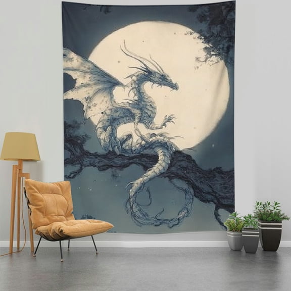 RKSupls Vertical Tapestry Wall Hanging, Monochrome Gothic Full Moon Tree Dragon Tapestry Wall Decor for Bedroom, Dorm Room, Living Room, Apartment, College Dorm Home Decor