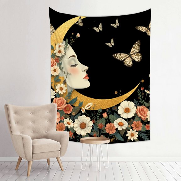 RKSupls Vertical Tapestry Wall Hanging, Moon Goddess Floral Butterfly Celestial Aesthetic Tapestry Wall Decor for Bedroom, Dorm, Living Room, Apartment, College Dorm Home Decor