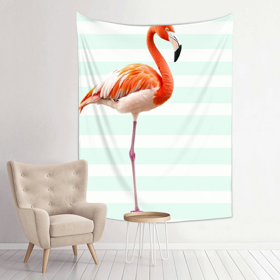 RKSupls Vertical Tapestry Wall Hanging, Pink Flamingo Mint Stripe Tropical Tapestry Wall Decor for Bedroom, Dorm Room, Living Room, Apartment, College Dorm Home Decor