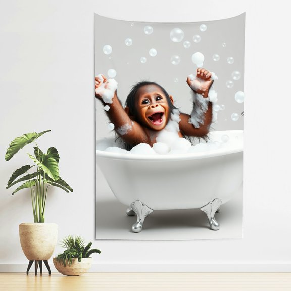 RKSupls Vertical Tapestry Wall Hanging, Playful Monkey Bath Time Tapestry Wall Decor for Bedroom, Dorm Room, Living Room, Apartment, College Dorm Home Decor