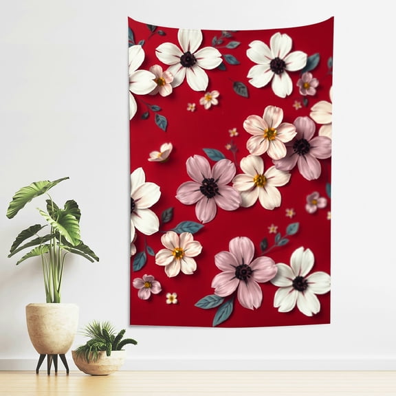 RKSupls Vertical Tapestry Wall Hanging, Red Background Paper Flower Boho Aesthetic Tapestry Wall Decor for Bedroom, Dorm, Living Room, Apartment, College Dorm Home Decor