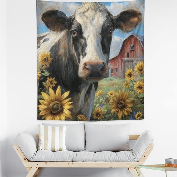 RKSupls Vertical Tapestry Wall Hanging, Rustic Farm Barn Sunflower Cow Tapestry Wall Decor for Bedroom, Dorm Room, Living Room, Apartment, College Dorm Home Decor