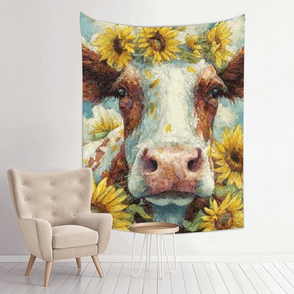 RKSupls Vertical Tapestry Wall Hanging, Sunflower Cow Portrait Rustic Farm Tapestry Wall Decor for Bedroom, Dorm Room, Living Room, Apartment, College Dorm Home Decor