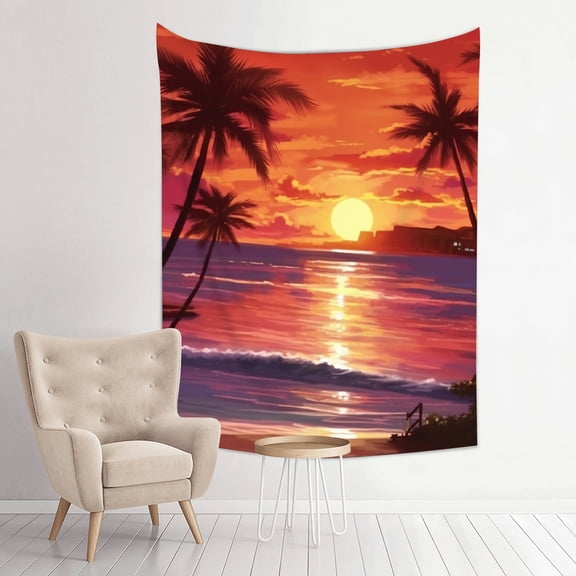 RKSupls Vertical Tapestry Wall Hanging, Sunset Tropical Beach Palm Trees Print, Vertical Tapestry Wall Hanging for Bedroom Dorm Living Room Apartment Home Decor