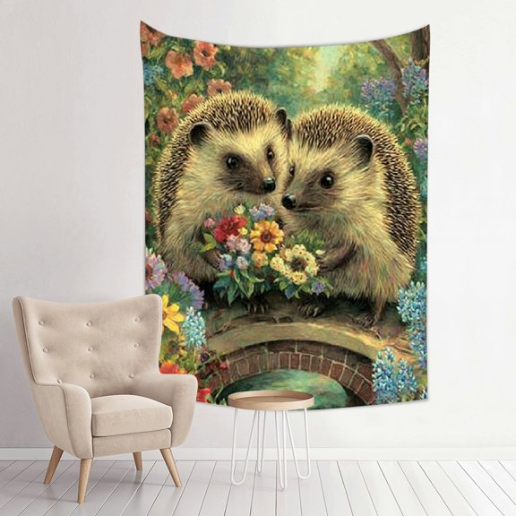 RKSupls Vertical Tapestry Wall Hanging, Sweet Romantic Floral Garden Hedgehog Couple Tapestry Wall Decor for Bedroom, Dorm Room, Living Room, Apartment, College Dorm Home Decor