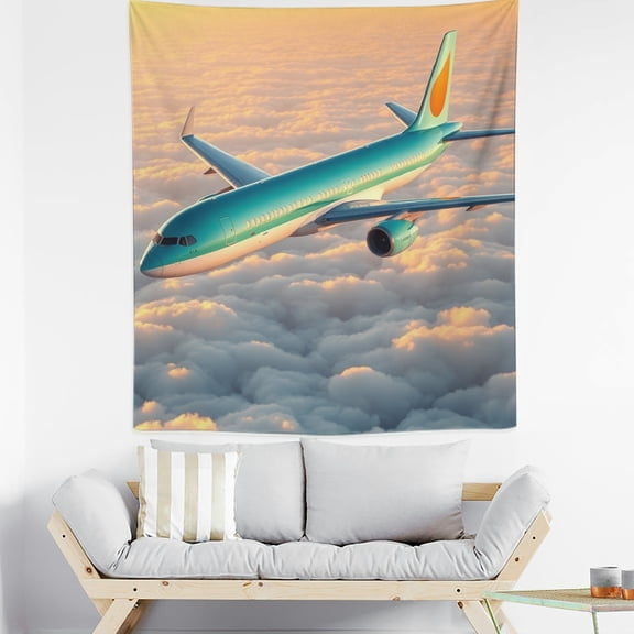 RKSupls Vertical Tapestry Wall Hanging, Teal Airplane Cloud Sunset Tapestry Wall Decor for Bedroom, Dorm Room, Living Room, Apartment, College Dorm Home Decor