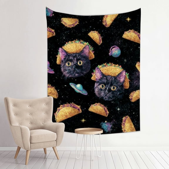 RKSupls Vertical Tapestry Wall Hanging, Trippy Galaxy Funny Black Cat Taco Tapestry Wall Decor for Bedroom, Dorm Room, Living Room, Apartment, College Dorm Home Decor