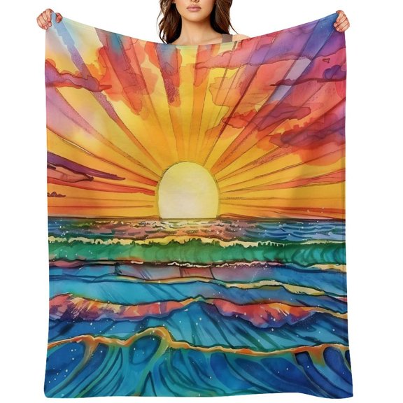 RKSupls Vibrant Sunset Rays Waves Soft Flannel Throw Blanket, Lightweight Fuzzy Warm Cozy Blanket for Couch Bed Home Travel Decor