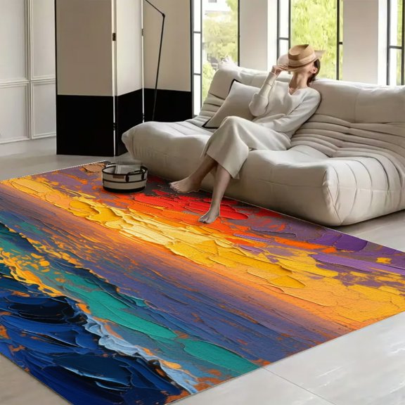 RKSupls Vintage Abstract Teal and Orange Soft Fluffy Velvet Area Rug for Living Room Bedroom, Non-Slip Washable Carpet, Modern Minimalist Home Decor Floor Mat