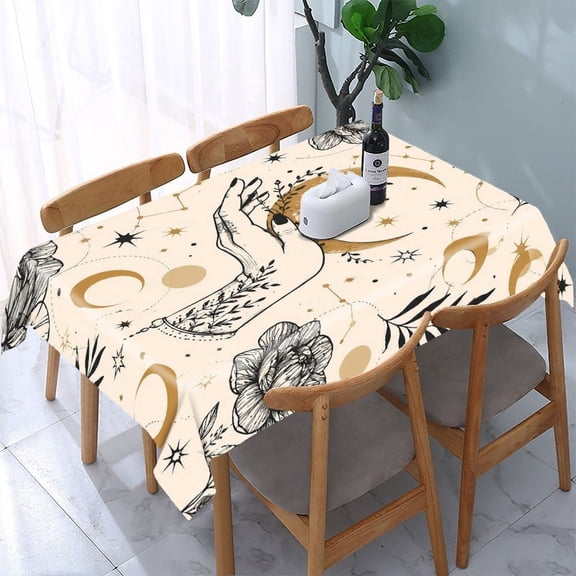 RKSupls Vintage Hand Moon Flowers Rectangle Dining Tablecloth, Washable Wipeable Stain & Wrinkle Resistant Polyester Tablecloth for Kitchen Picnic Party