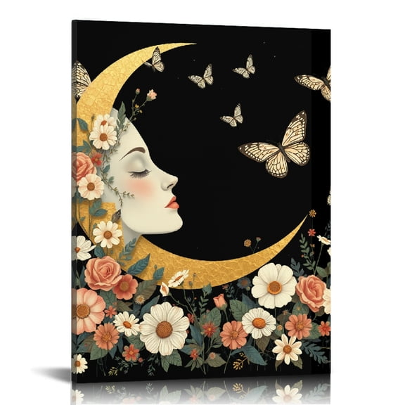 RKSupls Vintage Moon Face Floral Canvas Wall Art, Canvas Prints Wall Art for Living Room Bedroom Entryway Office, Art Print Painting for Home Decor