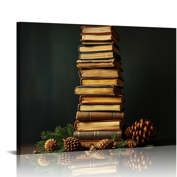 RKSupls Vintage Old Books Pinecone Canvas Wall Art, Rustic Library Wall Decor Print, Modern Artwork for Living Room Bedroom Office Home Decor,16x12in