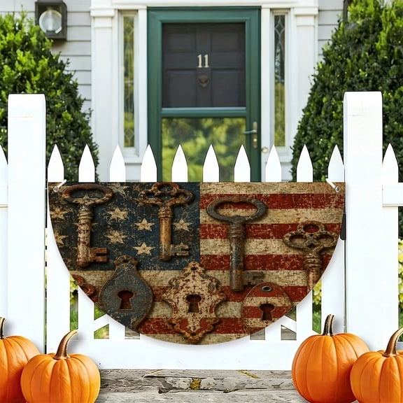 RKSupls Vintage Skeleton Keys Brick Flag Patriotic Half Round American Flag Banner 1776-2026, USA Independence Day Fence Porch Hanging Decor