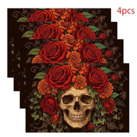 RKSupls Vintage Skull Roses Marigold Illustration Linen Placemats 30x45cm Straight Edge Stain Resistant Washable Non-Slip Table Mats Table for Kitchen Dining Room Home