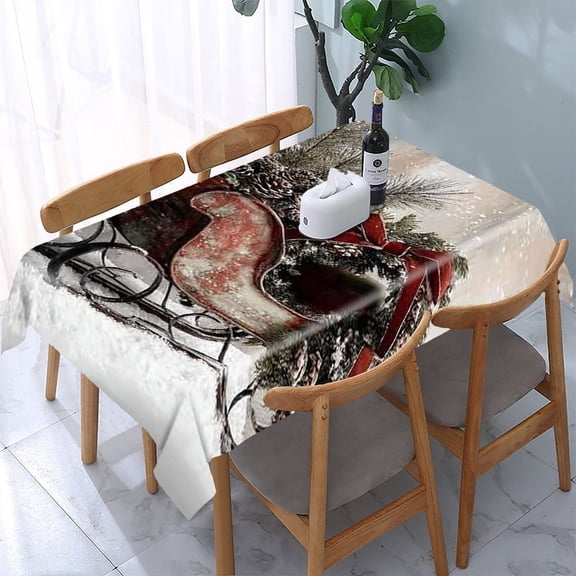 RKSupls Vintage Sleigh Pine Wreath Rectangle Dining Tablecloth, Washable Wipeable Stain & Wrinkle Resistant Polyester Tablecloth for Kitchen Picnic Party