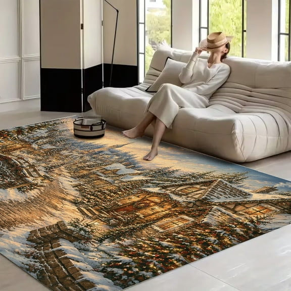 RKSupls 4x3ft Vintage-Snowy-Christmas-Village-Sunset Soft Fluffy Velvet Area Rug for Living Room Bedroom, Non-Slip Washable Carpet, Chic Minimalist Home Decor