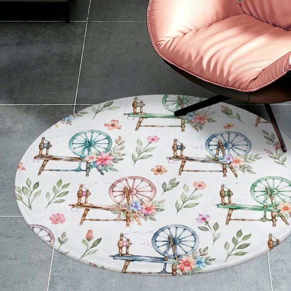 RKSupls Vintage Spinning Wheel Floral Pattern  Round Flannel Floor Mat, Soft Non-Slip Washable Rug  suitable for Living Room Bedroom Study, Decorative Floor Rug