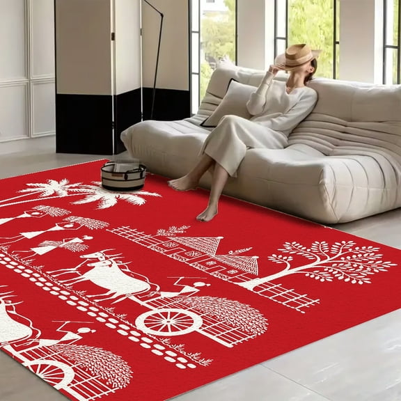RKSupls Warli Harvest Village Folk Art Soft Fluffy Velvet Area Rug for Living Room Bedroom, Non-Slip Washable Carpet, Modern Minimalist Home Decor Floor Mat
