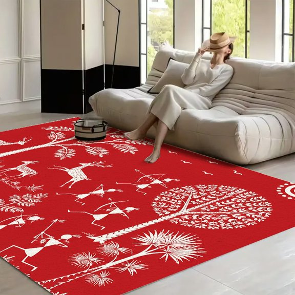 RKSupls Warli Hunting Scene Folk Art Soft Fluffy Velvet Area Rug for Living Room Bedroom, Non-Slip Washable Carpet, Modern Minimalist Home Decor Floor Mat