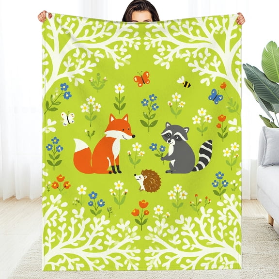 RKSupls  Warm and Cozy Throw, Fox and Raccoon Forest Friends Soft Flannel Fleece Blanket - Machine Washable Lightweight Soft Throw for Couch, Travel, Camping